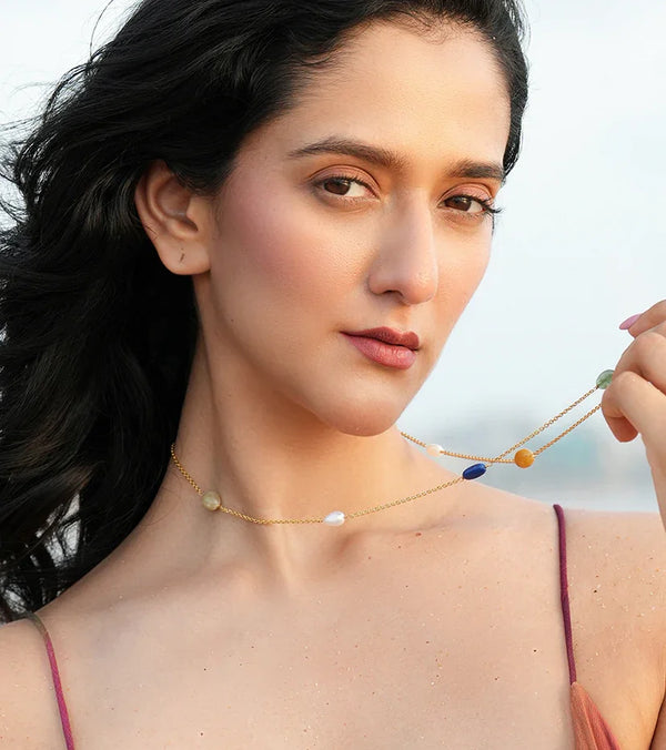 PEHRO Navratna Gemstone Necklace featuring nine natural gemstones in 18K gold vermeil