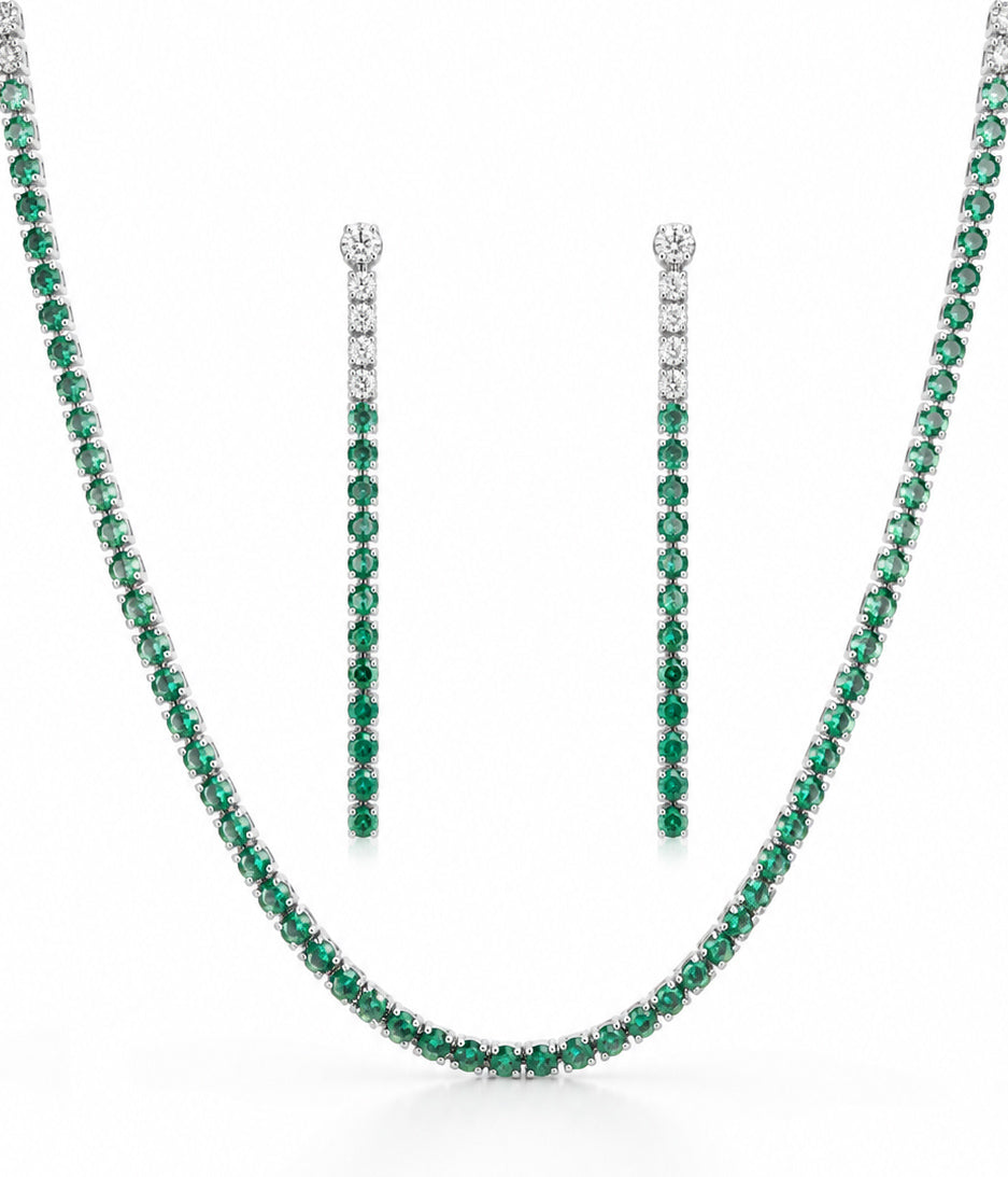 PEHRO 925 Sterling Silver Emerald Tennis Necklace Set with matching earrings