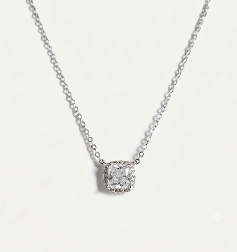 PEHRO 925 Sterling Silver Silver Cushion Halo Pendant Necklace with brilliant centre stone