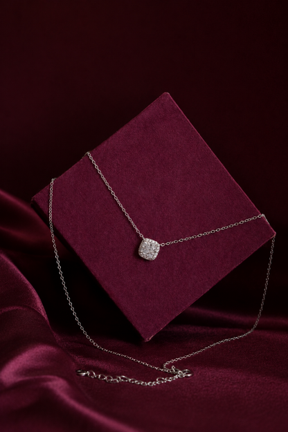 PEHRO Silver Cushion Halo Pendant Necklace styled for an elegant occasion