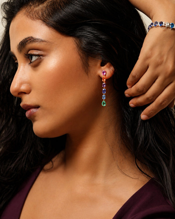 Close-up of the rainbow-coloured stones on the PEHRO Gold Vermeil Drop Earrings