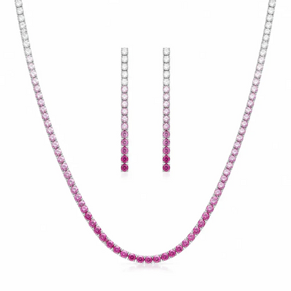 PEHRO pink stone tennis necklace and matching drop earrings set on a white jewelry display